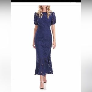 Kay Unger navy eyelet midi dress